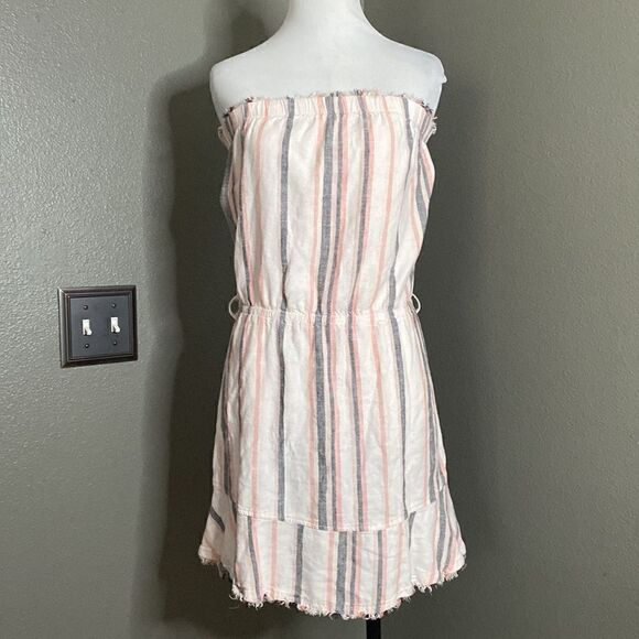 CLOTH & STONE Anthropologie Frayed Hem Strapless Linen Dress Vertical Striped - Picture 10 of 10
